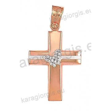 Βαπτιστικός σταυρός ροζ χρυσό Κ14 για κορίτσι σε λουστέ φινίρισμα με ένθετη λευκόχρυση πεταλούδα και άσπρες πέτρες ζιργκόν.