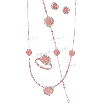 Σετ Κ14 ροζ χρυσό αρραβώνα-γάμου σε σφυρήλατο φινίρισμα με κολιέ, σκουλαρίκι, δαχτυλίδι και βραχιόλι με άσπρες πέτρες ζιργκόν.