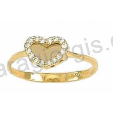 Δαχτυλίδι χρυσό Κ14 μοντέρνο σε καρδιά με άσπρες πέτρες ζιργκόν με χρυσό καθρέπτη στη μέση.