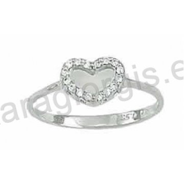 Δαχτυλίδι λευκόχρυσο Κ14 μοντέρνο σε καρδιά με άσπρες πέτρες ζιργκόν με λευκόχρυσο καθρέπτη στη μέση.