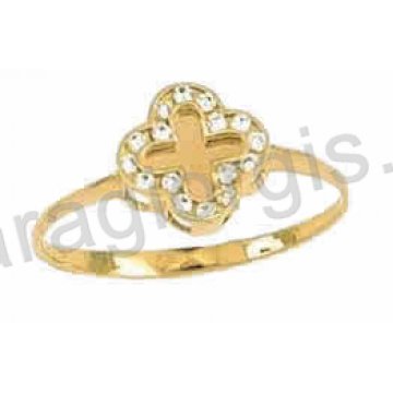 Δαχτυλίδι χρυσό Κ14 μοντέρνο σε σταυρό με άσπρες πέτρες ζιργκόν και χρυσό καθρέπτη στη μέση.