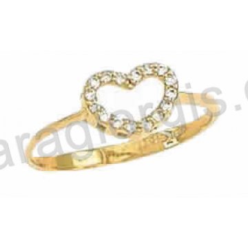 Δαχτυλίδι χρυσό Κ14 μοντέρνο σε καρδιά με άσπρες πέτρες ζιργκόν.
