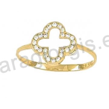 Δαχτυλίδι χρυσό Κ14 μοντέρνο σε σταυρό με άσπρες πέτρες ζιργκόν.