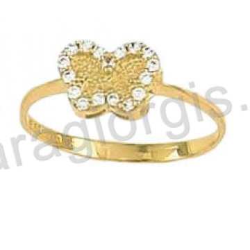 Δαχτυλίδι χρυσό Κ14 σε πεταλούδα με άσπρες πέτρες ζιργκόν και σφυρήλατο φινίρισμα στη μέση.
