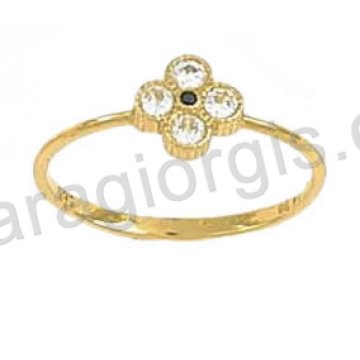 Δαχτυλίδι χρυσό Κ14 σε μαργαρίτα με άσπρες πέτρες ζιργκόν.