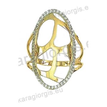 Δαχτυλίδι χρυσό Κ14 fashion με λευκόχρυσο σε μοντέρνο σχεδιασμό δίχρωμο με άσπρες πέτρες ζιργκόν.