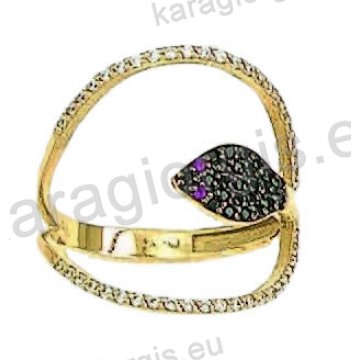 Δαχτυλίδι χρυσό Κ14 fashion με λευκόχρυσο σε μοντέρνο σχεδιασμό μαύρο χρυσό με άσπρες και κόκκινες πέτρες ζιργκόν.