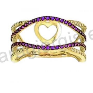 Δαχτυλίδι χρυσό Κ14 fashion με λευκόχρυσο σε μοντέρνο σχεδιασμό σε καρδιά με άσπρες και κόκκινες πέτρες ζιργκόν.