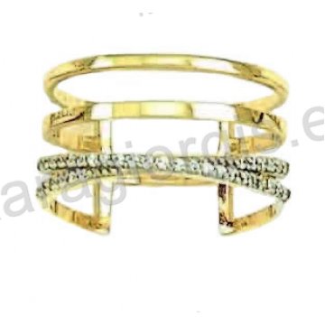 Δαχτυλίδι χρυσό Κ14 fashion με λευκόχρυσο σε μοντέρνο σχεδιασμό δίχρωμο με άσπρες πέτρες ζιργκόν.