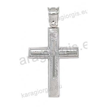 Βαπτιστικός σταυρός για αγόρι λευκόχρυσο σε σαγρέ φινίρισμα με δεύτερο λουστρέ σταυρό στη μέση.   