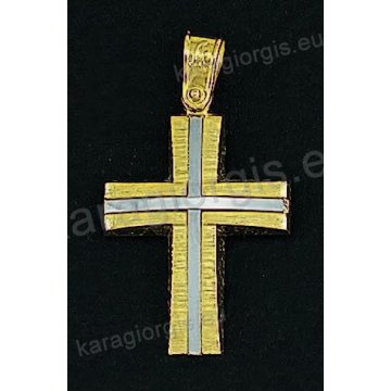 Βαπτιστικός σταυρός για αγόρι χρυσός σε σαγρέ φινίρισμα με δεύτερο λευκόχρυσο σταυρό στη μέση.