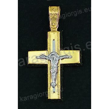Βαπτιστικός σταυρός για αγόρι χρυσός σε σαγρέ-λουστρέ φινίρισμα με λευκόχρυσο εσταυρωμένο στη μέση.