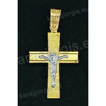 Βαπτιστικός σταυρός για αγόρι χρυσός σε σαγρέ-λουστρέ φινίρισμα με λευκόχρυσο εσταυρωμένο στη μέση.