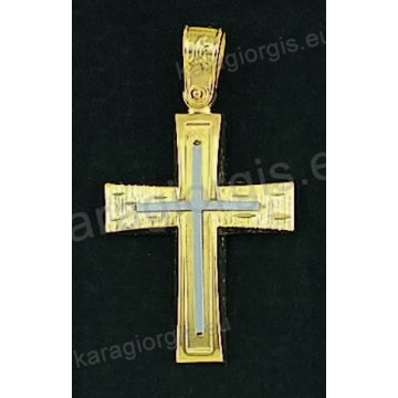 Βαπτιστικός σταυρός για αγόρι χρυσός σε σαγρέ-λουστρέ φινίρισμα με δεύτερο λευκόχρυσο σταυρό στη μέση.