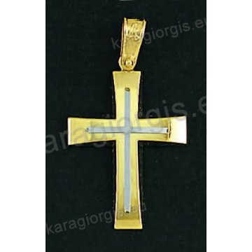 Βαπτιστικός σταυρός για αγόρι χρυσός σε λουστρέ φινίρισμα με δεύτερο λευκόχρυσο σταυρό στη μέση.