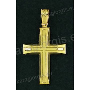 Βαπτιστικός σταυρός για αγόρι χρυσός κλασικός σε λουστρέ φινίρισμα με δεύτερο ματ σταυρό στη μέση.