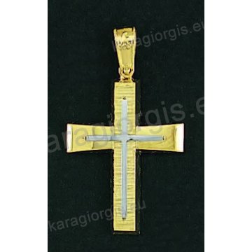 Βαπτιστικός σταυρός για αγόρι χρυσός σε σαγρέ-λουστρέ φινίρισμα με δεύτερο λευκόχρυσο σταυρό στη μέση.