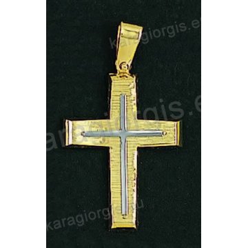 Βαπτιστικός σταυρός για αγόρι χρυσός σε σαγρέ φινίρισμα με δεύτερο λευκόχρυσο σταυρό στη μέση.