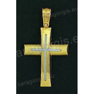 Βαπτιστικός σταυρός για αγόρι χρυσός σε λουστρέ-ματ φινίρισμα με δεύτερο λευκόχρυσο σταυρό στη μέση.
