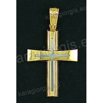 Βαπτιστικός σταυρός για αγόρι χρυσός σε λουστρέ φινίρισμα με δεύτερο λευκόχρυσο σταυρό στη μέση.