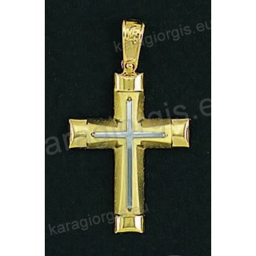 Βαπτιστικός σταυρός για αγόρι χρυσός σε λουστρέ-ματ φινίρισμα με δεύτερο λευκόχρυσο σταυρό στη μέση.