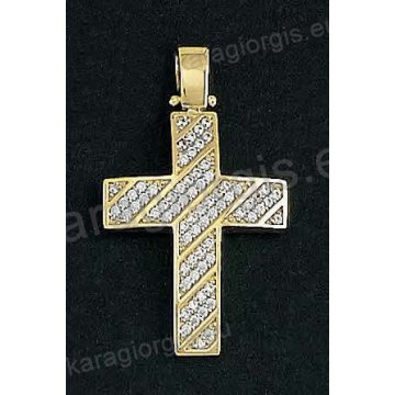 Βαπτιστικός σταυρός για κορίτσι δίχρωμος χρυσός με λευκόχρυσο με άσπρες πέτρες ζιργκόν.