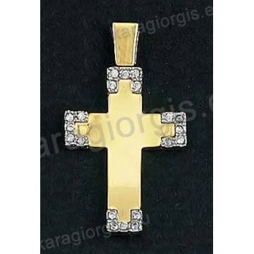 Βαπτιστικός σταυρός για κορίτσι δίχρωμος χρυσός με λευκόχρυσο με άσπρες πέτρες ζιργκόν.