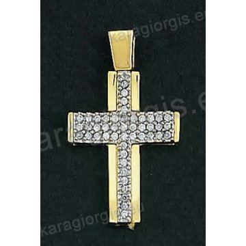 Βαπτιστικός σταυρός για κορίτσι χρυσός με δεύτερο ένθετο λευκόχρυσο σταυρό με άσπρες πέτρες ζιργκόν.