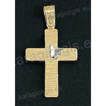 Βαπτιστικός σταυρός για κορίτσι χρυσός με ένθετη πεταλούδα σε σαγρέ φινίρισμα.