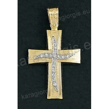 Βαπτιστικός σταυρός για κορίτσι χρυσός με λευκόχρυσο και άσπρες πέτρες ζιργκόν σε σαγρέ-λουστρέ φινίρισμα.