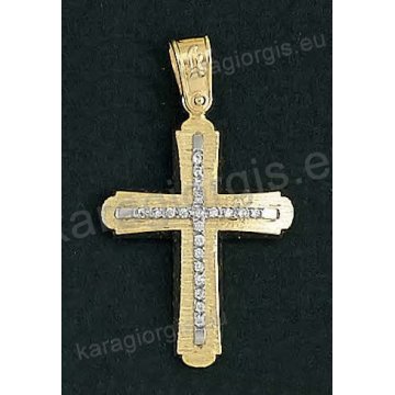 Βαπτιστικός σταυρός για κορίτσι χρυσός με λευκόχρυσο και άσπρες πέτρες ζιργκόν σε σαγρέ φινίρισμα.