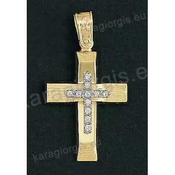 Βαπτιστικός σταυρός για κορίτσι χρυσός με λευκόχρυσο και άσπρες πέτρες ζιργκόν σε σαγρέ-λουστρέ φινίρισμα.