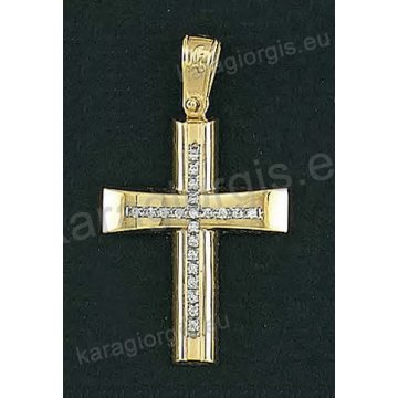 Βαπτιστικός σταυρός για κορίτσι χρυσός με δεύτερο ένθετο λευκόχρυσο σταυρό και άσπρες πέτρες ζιργκόν σε λουστρέ φινίρισμα.