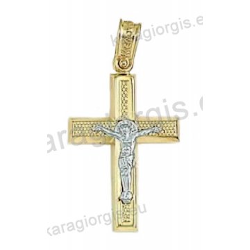 Βαπτιστικός σταυρός για αγόρι χρυσός σε λουστρέ φινίρισμα με λευκόχρυσο εσταυρωμένο στη μέση.