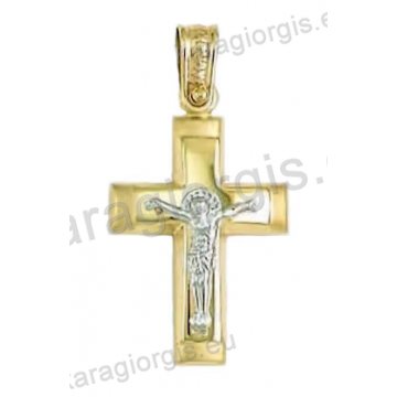 Βαπτιστικός σταυρός για αγόρι χρυσός σε λουστρέ-ματ φινίρισμα με λευκόχρυσο εσταυρωμένο στη μέση.