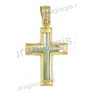 Βαπτιστικός σταυρός για αγόρι χρυσός με λευκόχρυσο σε λουστρέ-ματ φινίρισμα.