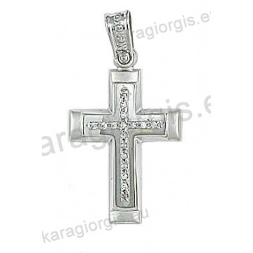 Βαπτιστικός σταυρός για κορίτσι σε λευκόχρυσο με ματ και λουστρέ φινίρισμα και άσπρες πέτρες ζιργκόν.