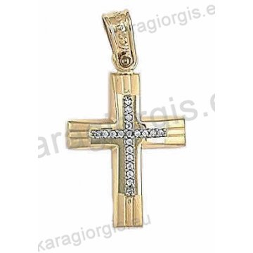 Βαπτιστικός σταυρός για κορίτσι δίχρωμος λευκόχρυσο με χρυσό σε ματ με λουστρέ φινίρισμα και άσπρες πέτρες ζιργκόν.