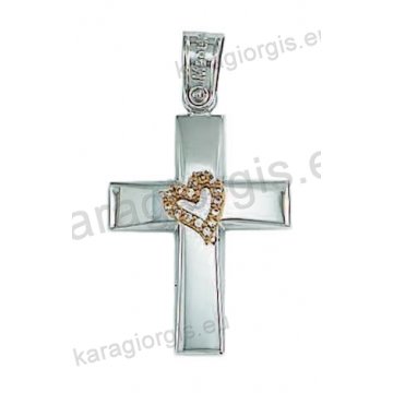 Βαπτιστικός σταυρός για κορίτσι λευκόχρυσος με ένθετη ροζ χρυσό καρδούλα σε λουστρέ φινίρισμα με άσπρες πέτρες ζιργκόν.