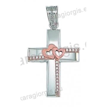 Βαπτιστικός σταυρός για κορίτσι λευκόχρυσος με ένθετες ροζ χρυσό καρδούλες σε λουστρέ φινίρισμα με άσπρες πέτρες ζιργκόν.