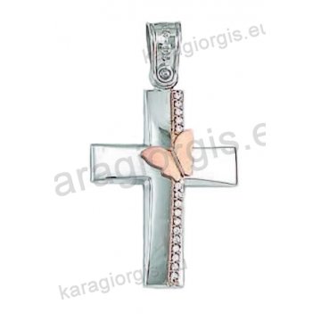 Βαπτιστικός σταυρός για κορίτσι λευκόχρυσος με ένθετη ροζ χρυσό πεταλούδα σε λουστρέ φινίρισμα με άσπρες πέτρες ζιργκόν.
