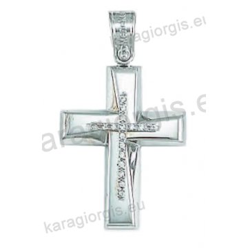 Βαπτιστικός σταυρός για κορίτσι λευκόχρυσος με ένθετο σταυρό με άσπρες πέτρες ζιργκόν σε λουστρέ φινίρισμα .