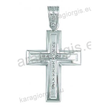 Βαπτιστικός σταυρός για κορίτσι λευκόχρυσος με ένθετο σταυρό με άσπρες πέτρες ζιργκόν σε λουστρέ και μάτ φινίρισμα .