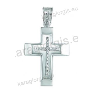 Βαπτιστικός σταυρός για κορίτσι λευκόχρυσος με ένθετο σταυρό με άσπρες πέτρες ζιργκόν σε λουστρέ φινίρισμα .