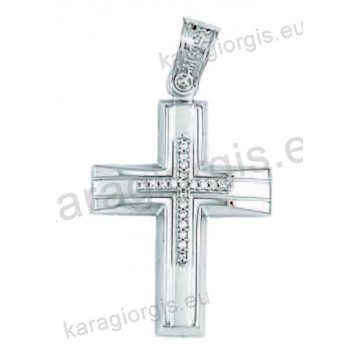 Βαπτιστικός σταυρός για κορίτσι λευκόχρυσος με ένθετο σταυρό με άσπρες πέτρες ζιργκόν σε λουστρέ και μάτ φινίρισμα .