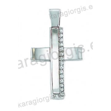 Βαπτιστικός σταυρός για κορίτσι λευκόχρυσος με άσπρες πέτρες ζιργκόν σε λουστρέ φινίρισμα .