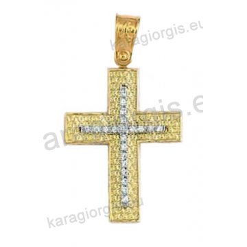 Βαπτιστικός σταυρός για κορίτσι χρυσός με ένθετο λευκόχρυσο σταυρό με άσπρες πέτρες ζιργκόν σε λουστρέ-σαγρέ φινίρισμα .