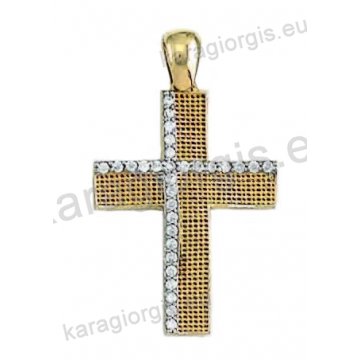 Βαπτιστικός σταυρός για κορίτσι χρυσός ψαθωτός με ένθετο λευκόχρυσο σταυρό με άσπρες πέτρες ζιργκόν.