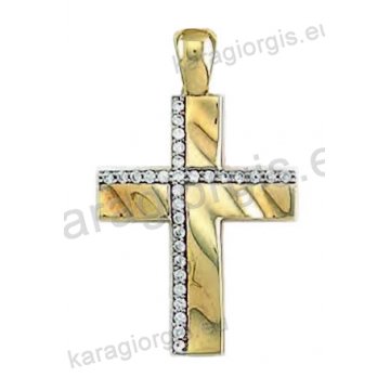 Βαπτιστικός σταυρός για κορίτσι χρυσός με ένθετο λευκόχρυσο σταυρό με άσπρες πέτρες ζιργκόν σε λουστρέ φινίρισμα .