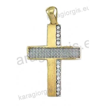 Βαπτιστικός σταυρός για κορίτσι χρυσός ψαθωτός με λευκόχρυσο και άσπρες πέτρες ζιργκόν.